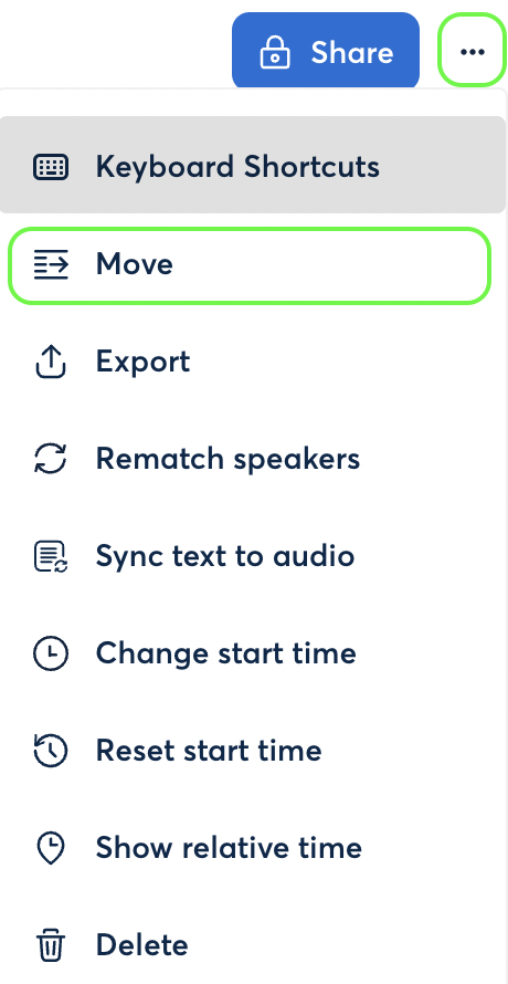Image: A screenshot of the Otter AI app interface showing a menu with options: Share button (with a lock icon) Keyboard Shortcuts button (with a keyboard icon) Move option (with a three-line icon) Export option (with an upload icon) Rematch speakers option (with a recycle symbol) Sync text to audio option (with a text and audio wave icon) Change start time option (with a clock icon) Reset start time option (with a clock icon) Show relative time option (with a clock icon) Delete option (with a trash can icon) Additional Context: This image shows the various actions and settings available in the Otter AI app for managing and editing recorded conversations.