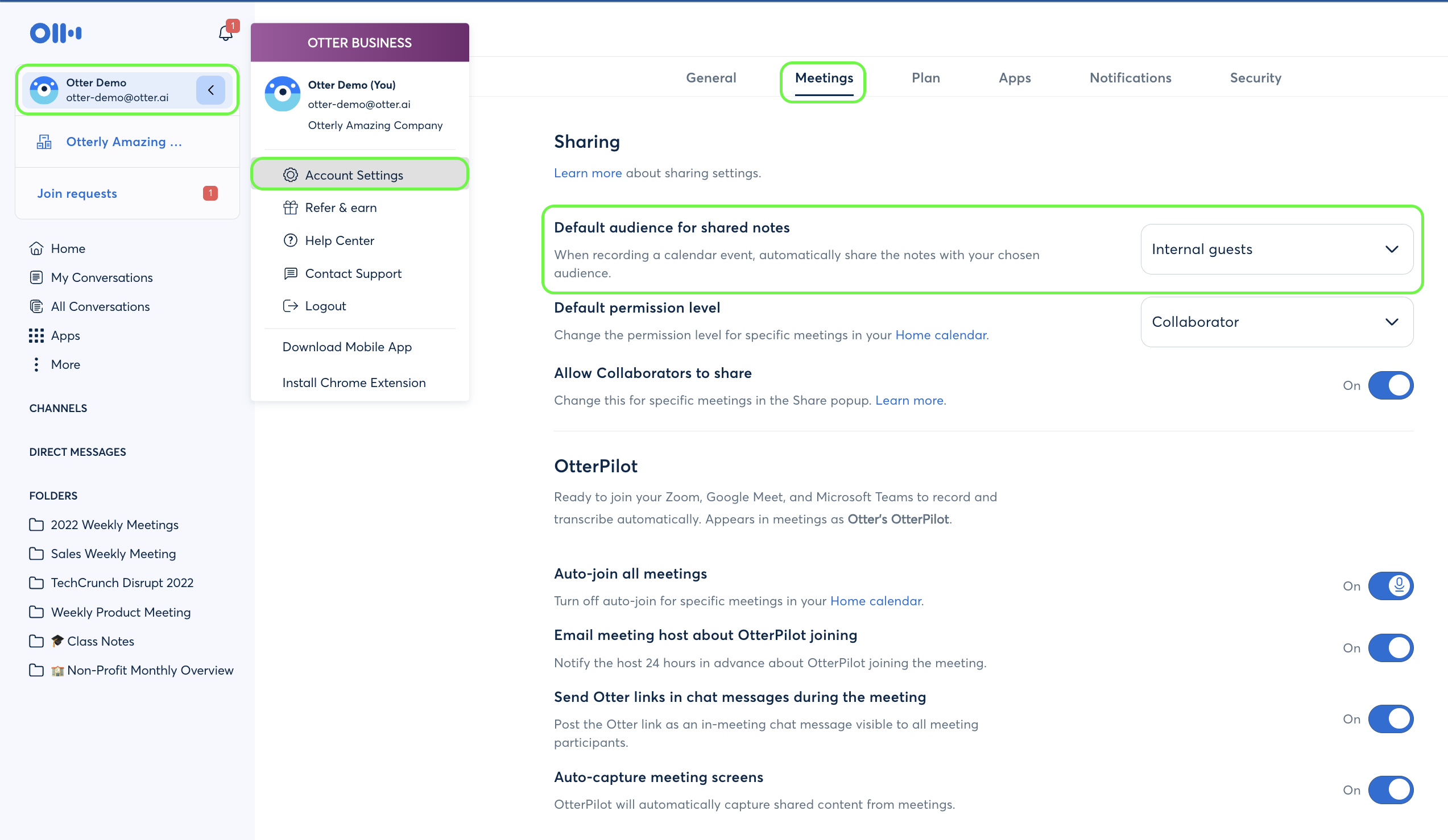 Turn off auto-share for conversations & meetings – Otter.ai Help Center