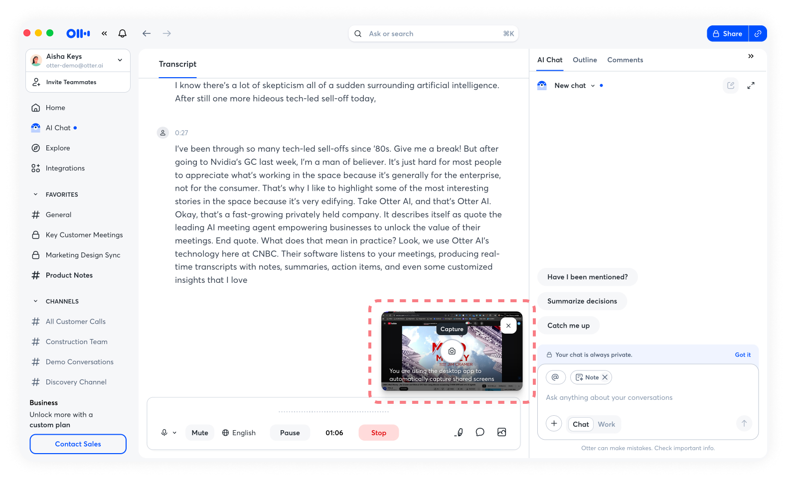 Manually capture shared content during a live recording in the Otter desktop app