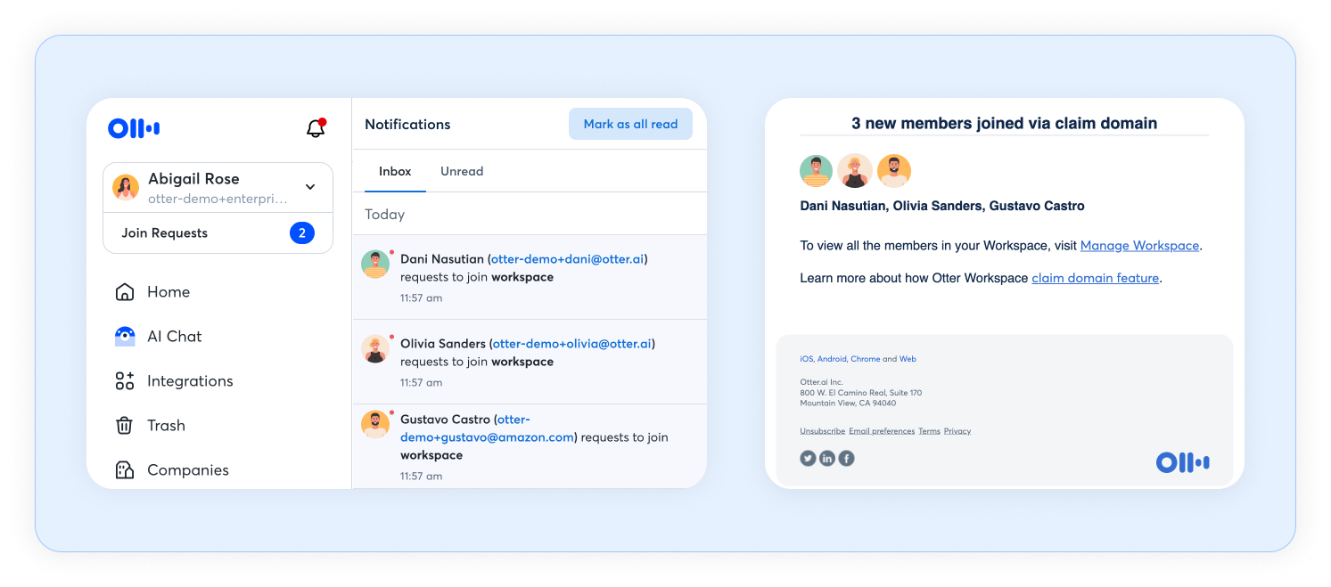 Otter notification center showing pending workspace join requests