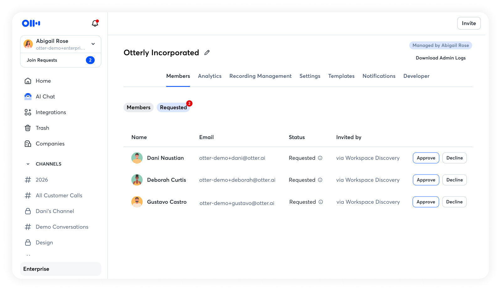 Otter workspace Members page showing workspace members