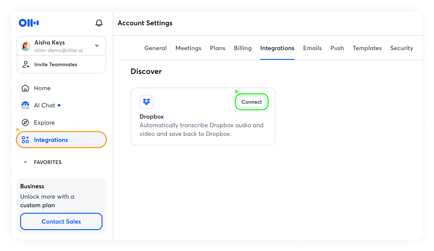 Connect Dropbox from the Otter Integrations Discover page