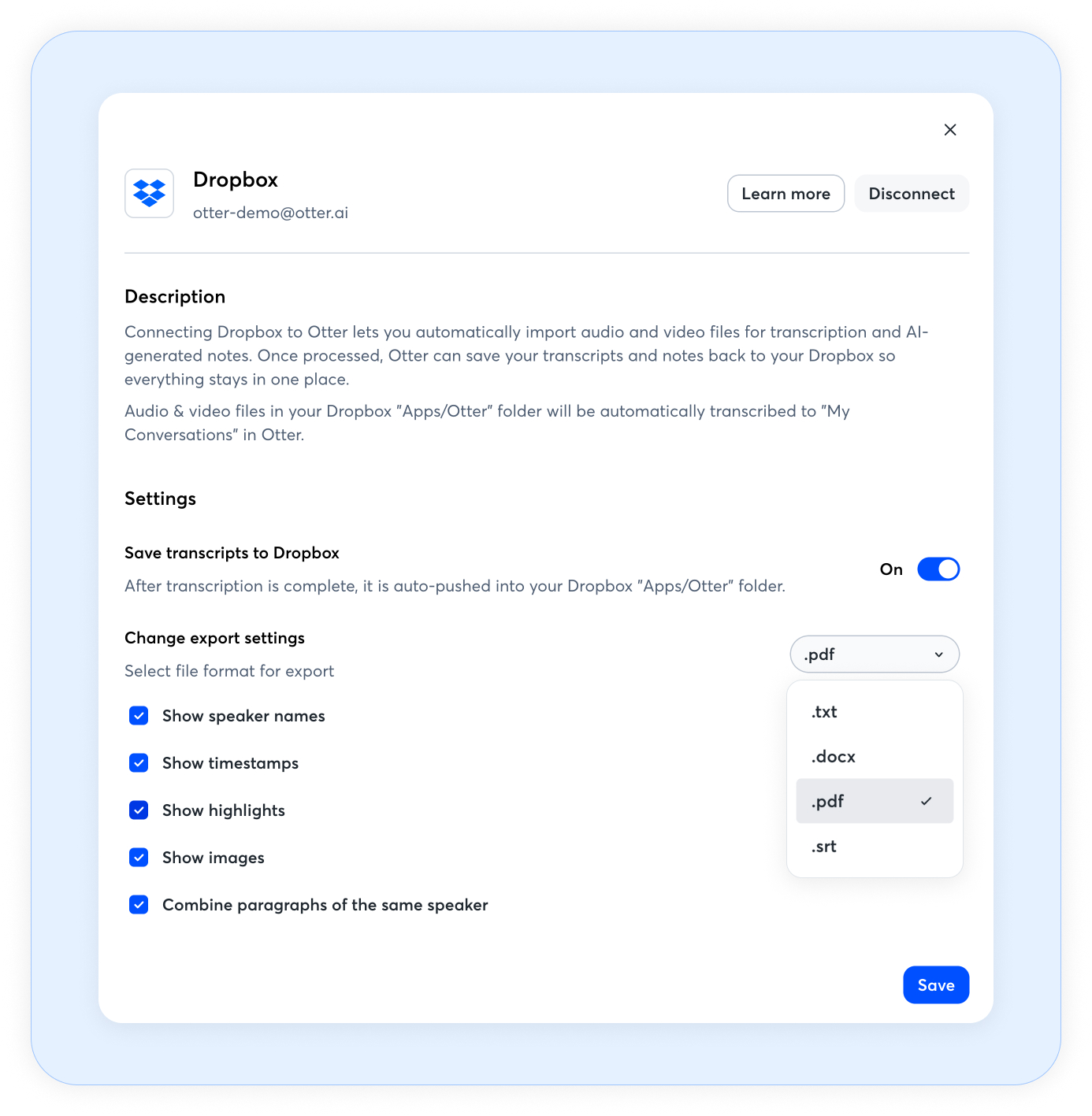 Configure automatic transcript exports, file formats, and Dropbox settings