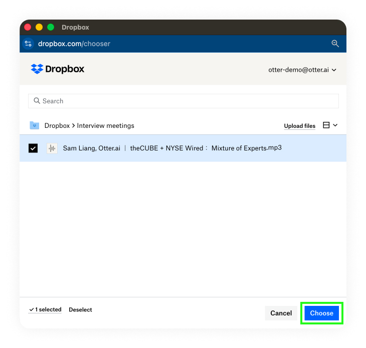 Select audio or video files from Dropbox to import into Otter