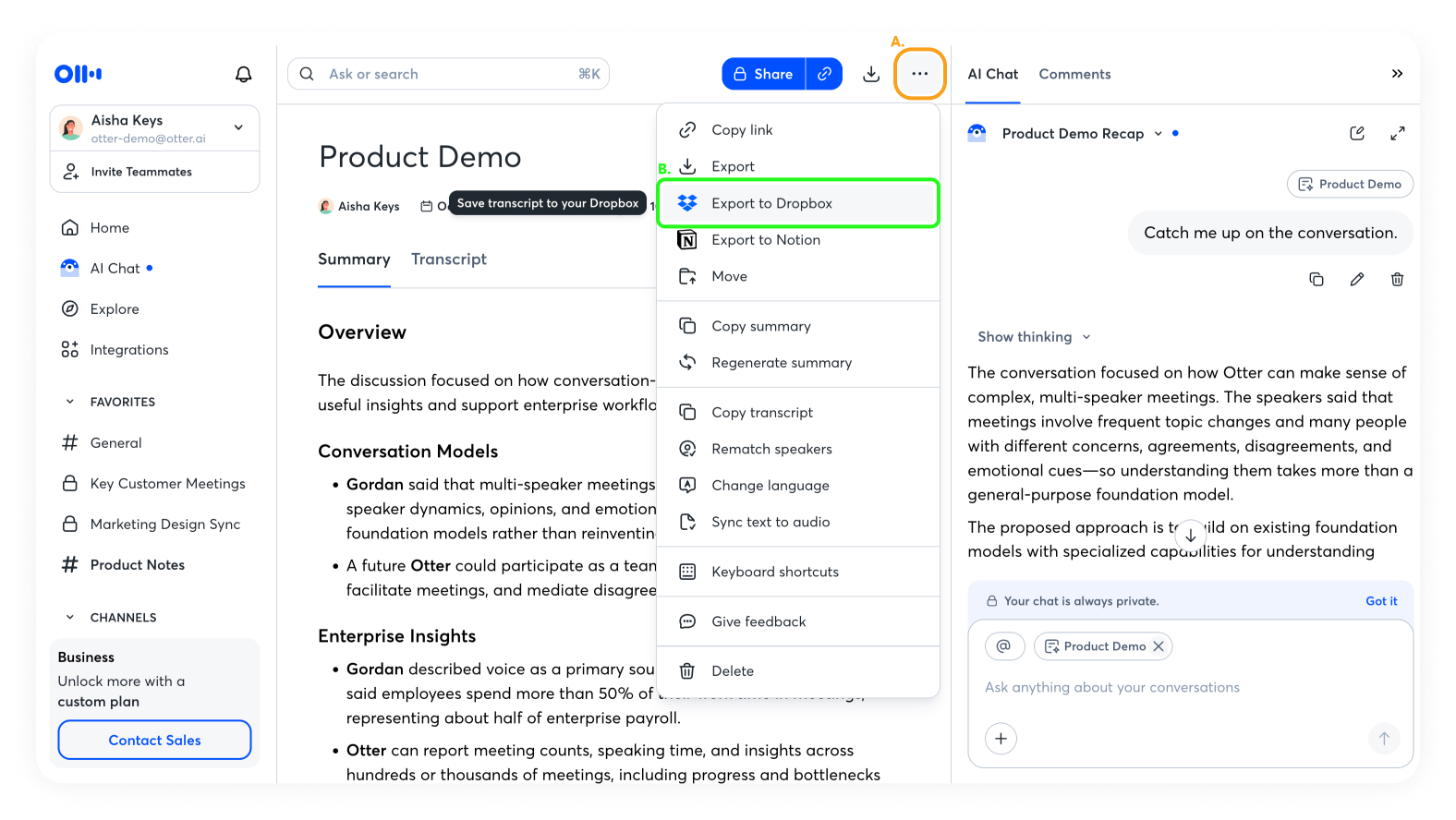 Select Export to Dropbox from the Otter conversation menu