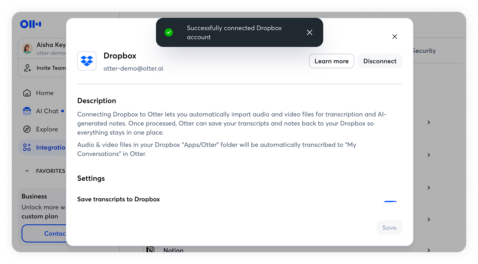 Dropbox successfully connected to Otter