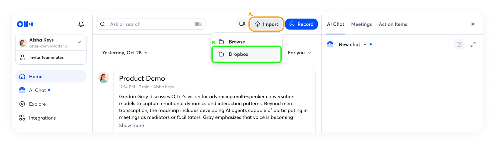 Select Dropbox from the Import menu on the Otter Home page