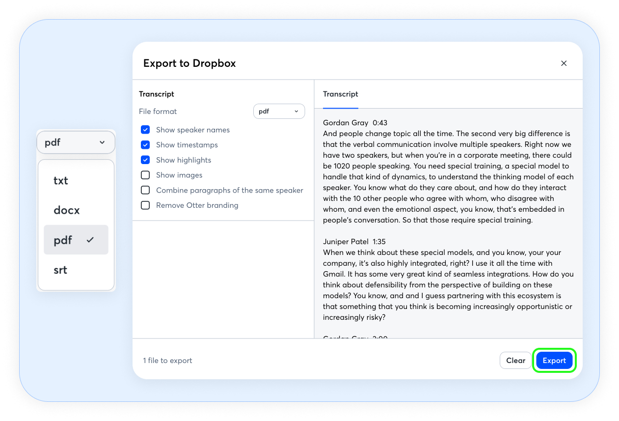 Choose transcript file format and export settings for Dropbox