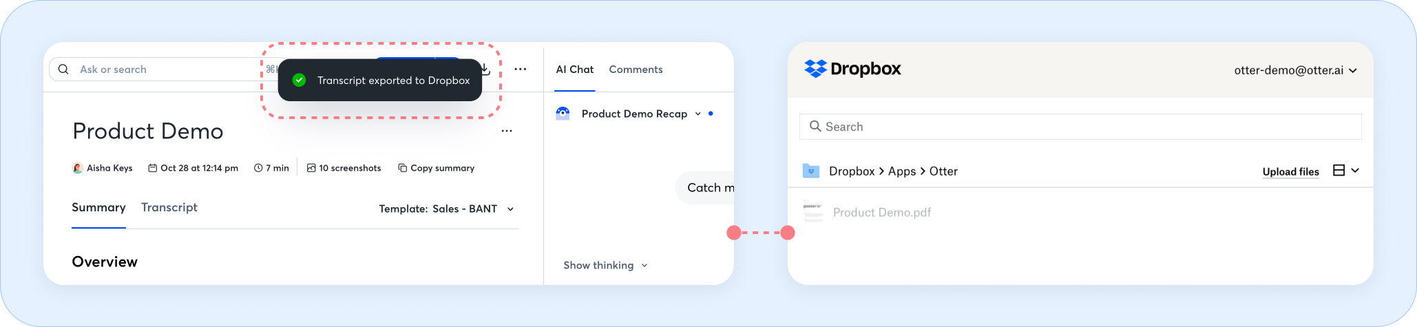 Find exported Otter conversation transcripts in the Dropbox Apps Otter folder
